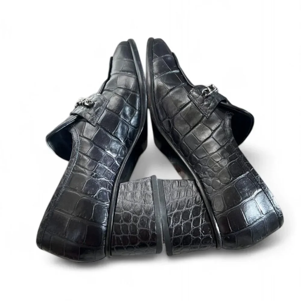 CHANEL Black Calfskin Croc Printed Leather Low Heel Chain Mocassin IT36.5